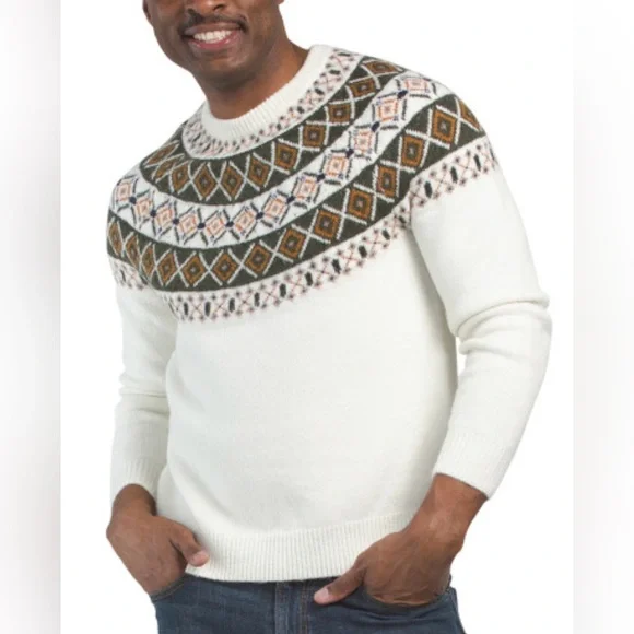 GROVE & HOLLOW Fair Isle Ivory Green Tan Navy Orange Crew Wool Blend Sweater